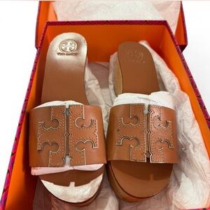 Tory Burch Brown Leather Logo Cutout Slide Mules